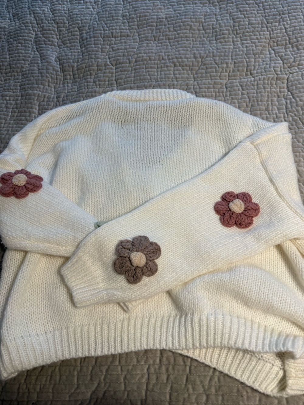 ARULA Cream V-Neck Cardigan with Multicolor Flower Appliqués - Picture 6 of 6